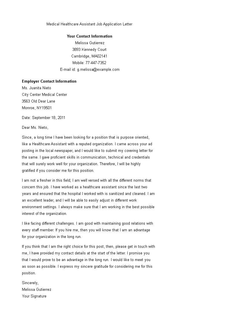 healthcare assistant best cover letter