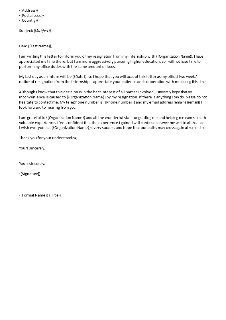 Kostenloses Editable Internship Resignation Letter