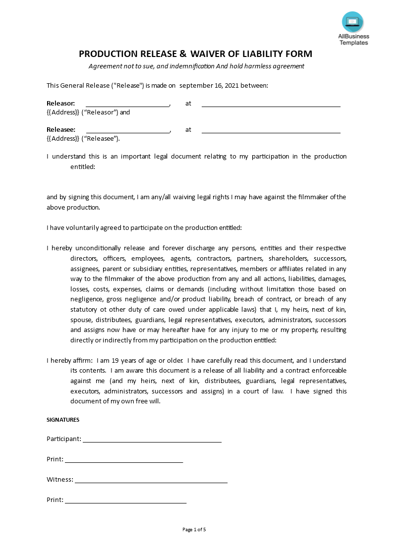 Waiver Of Liability Form Mod le Professionnel