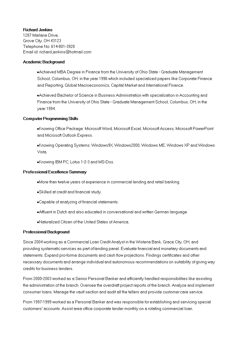 Corporate Banking Credit Analyst Resume template main image