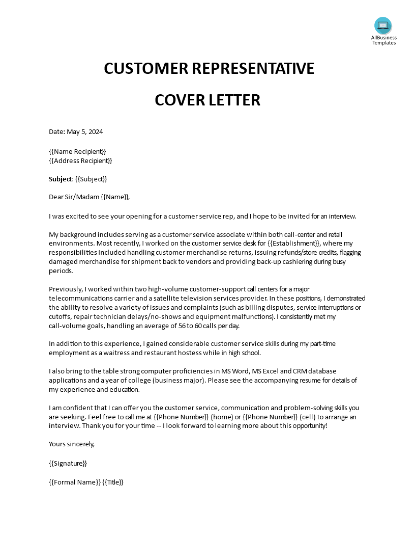 customer representative resume cover letter format plantilla imagen principal