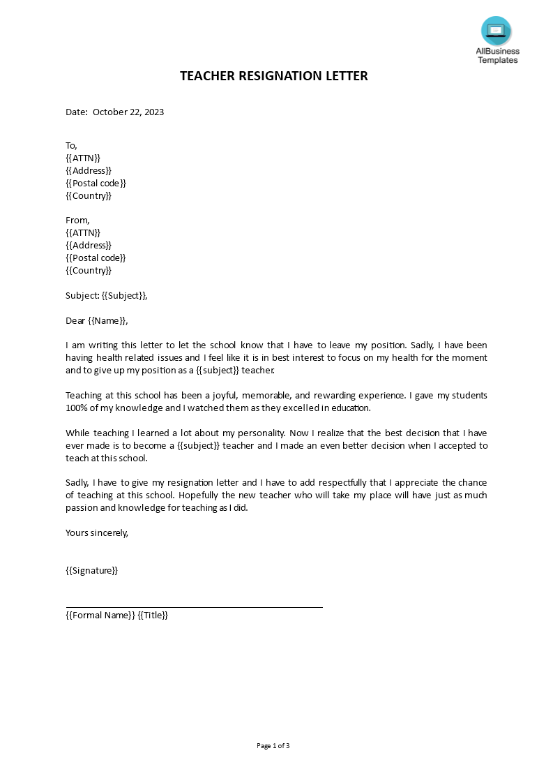 Teacher Resignation Letter | Templates at allbusinesstemplates.com