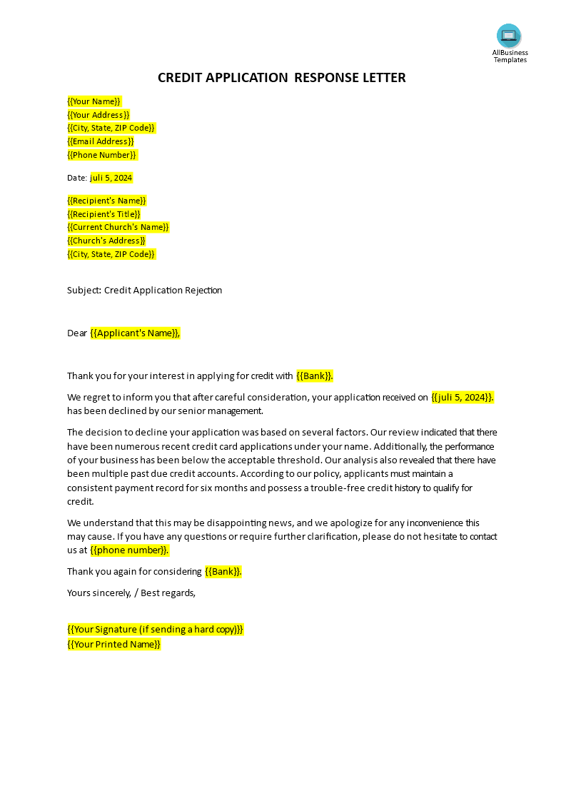 credit application rejection letter voorbeeld afbeelding 