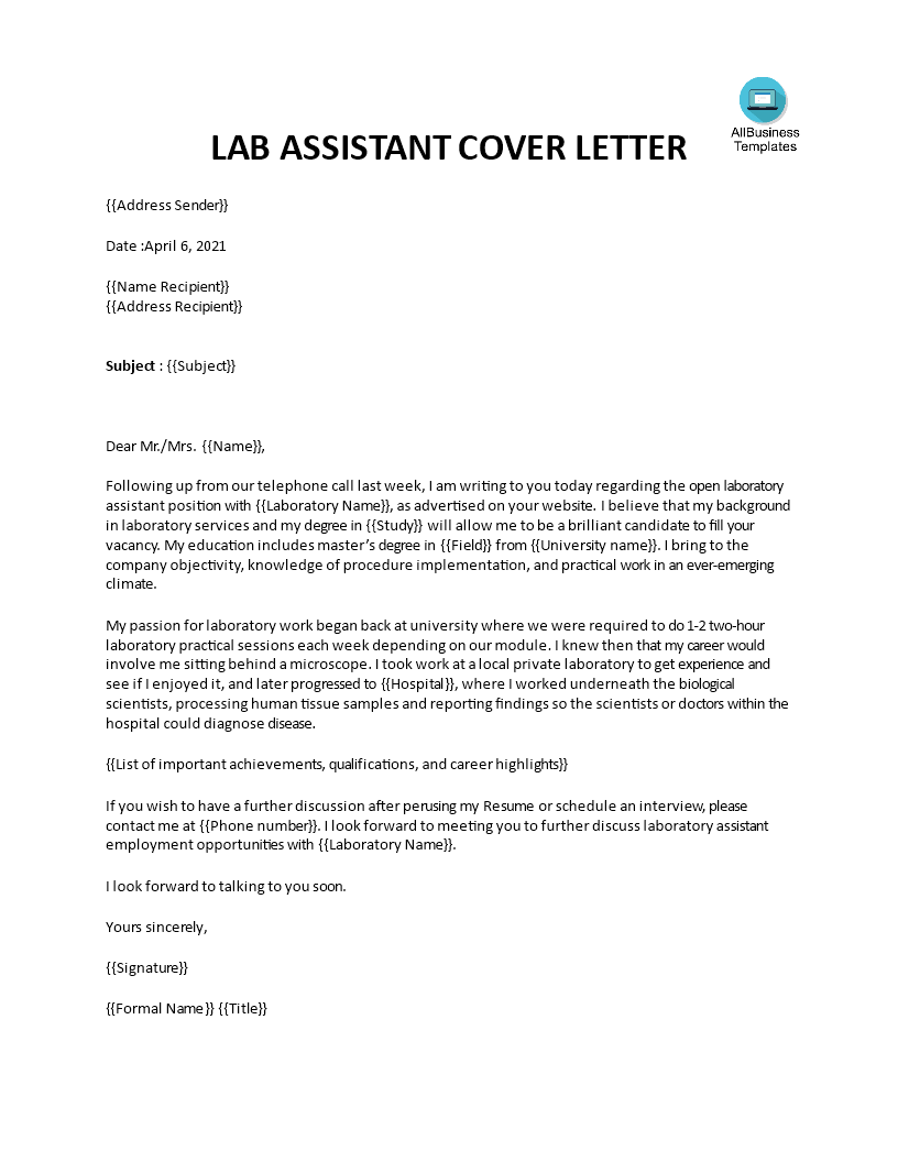 Lab Technician Cover Letter Templates At Allbusinesstemplates