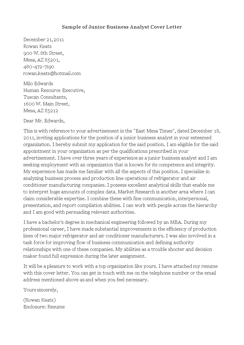 junior business analyst cover letter template
