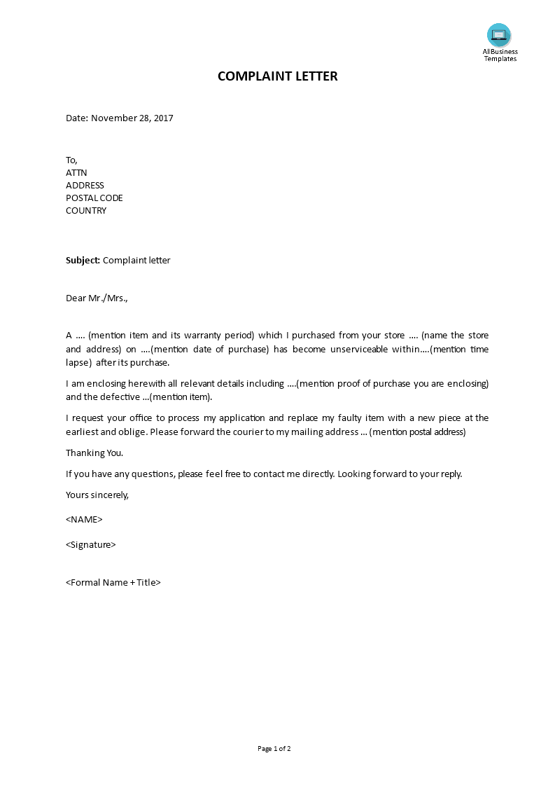 Example Of Complaint Letter Templates At Allbusinesstemplates