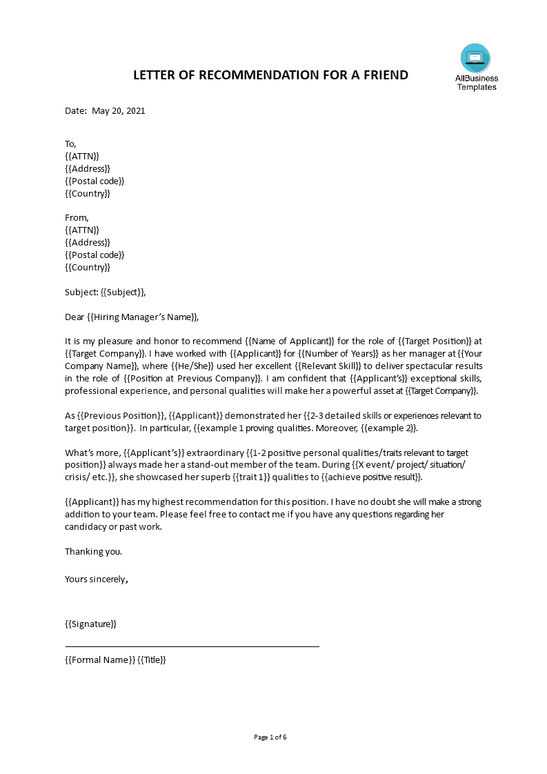 Letter Of Recommendation For A Friend Templates At Allbusinesstemplates