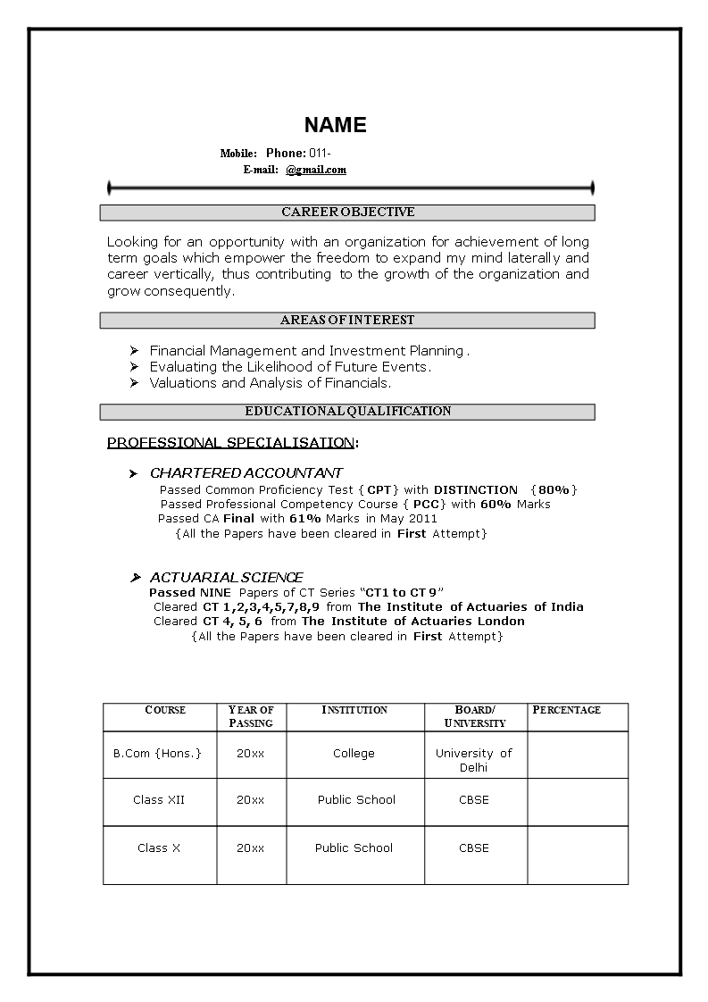 simple resume format for freshers in india
