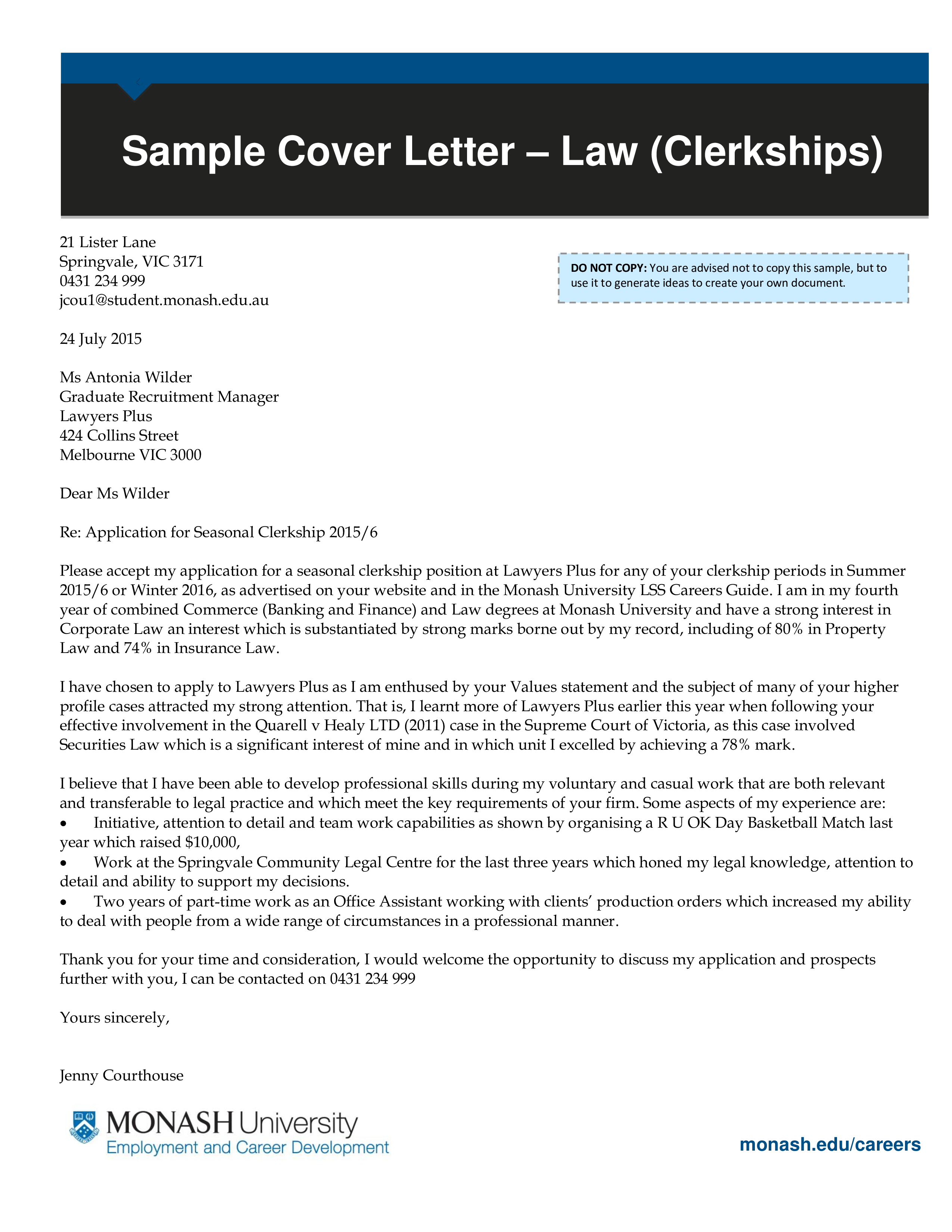 sample cover letter law student internship