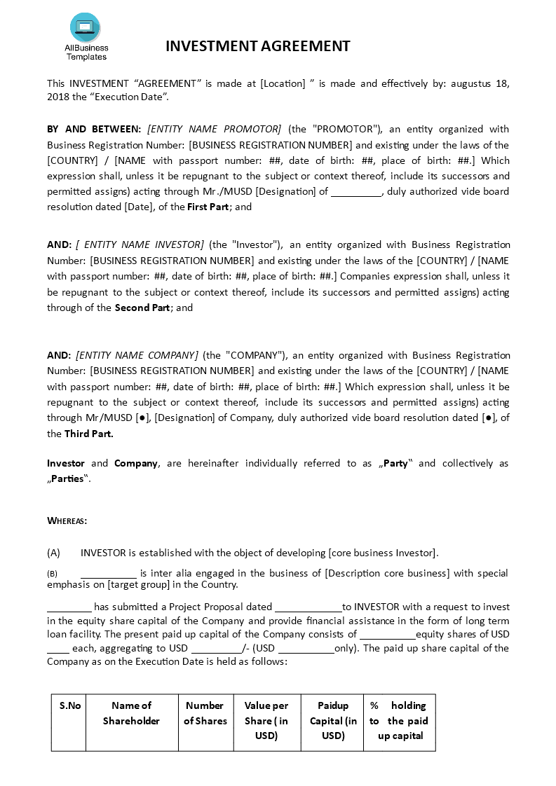 Company Investment Agreement Templates At Allbusinesstemplates