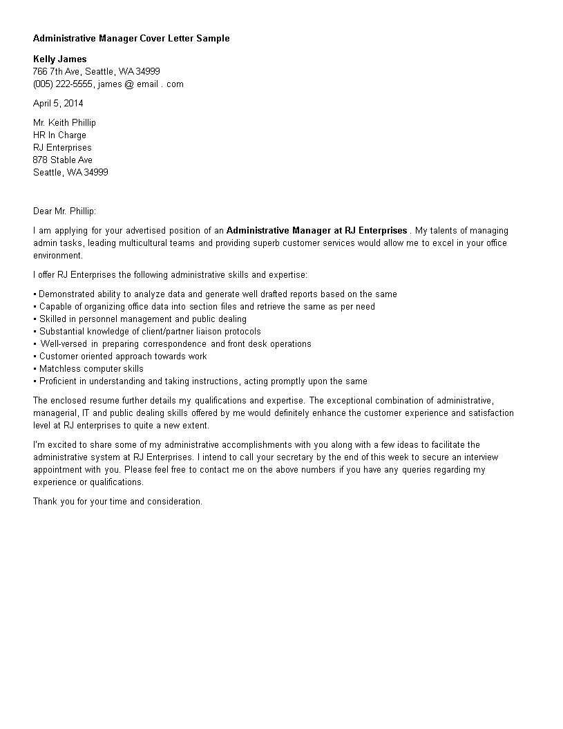 Administration Manager Resume Cover Letter main image