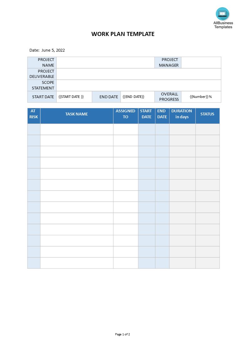 Work Plan Template Gratis