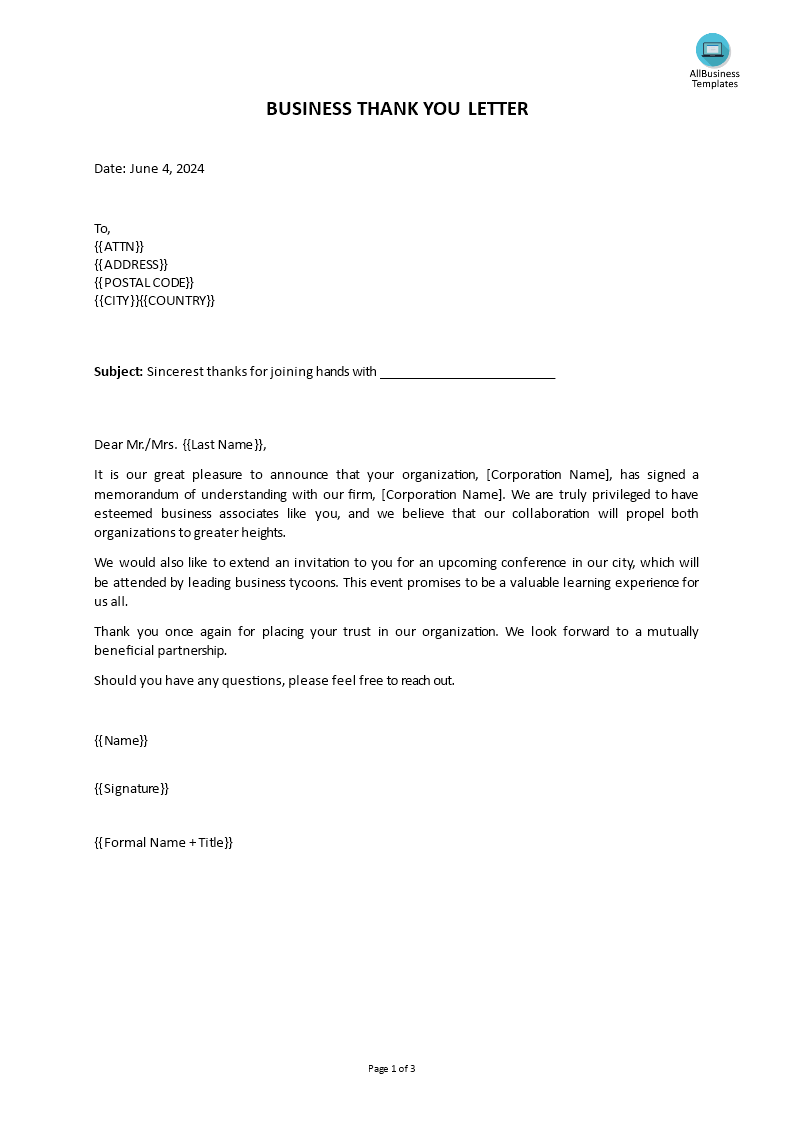 business thank you letter template