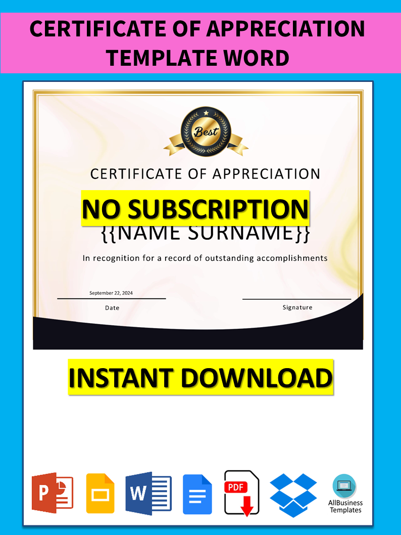 Certificate of Appreciation Template Word main image