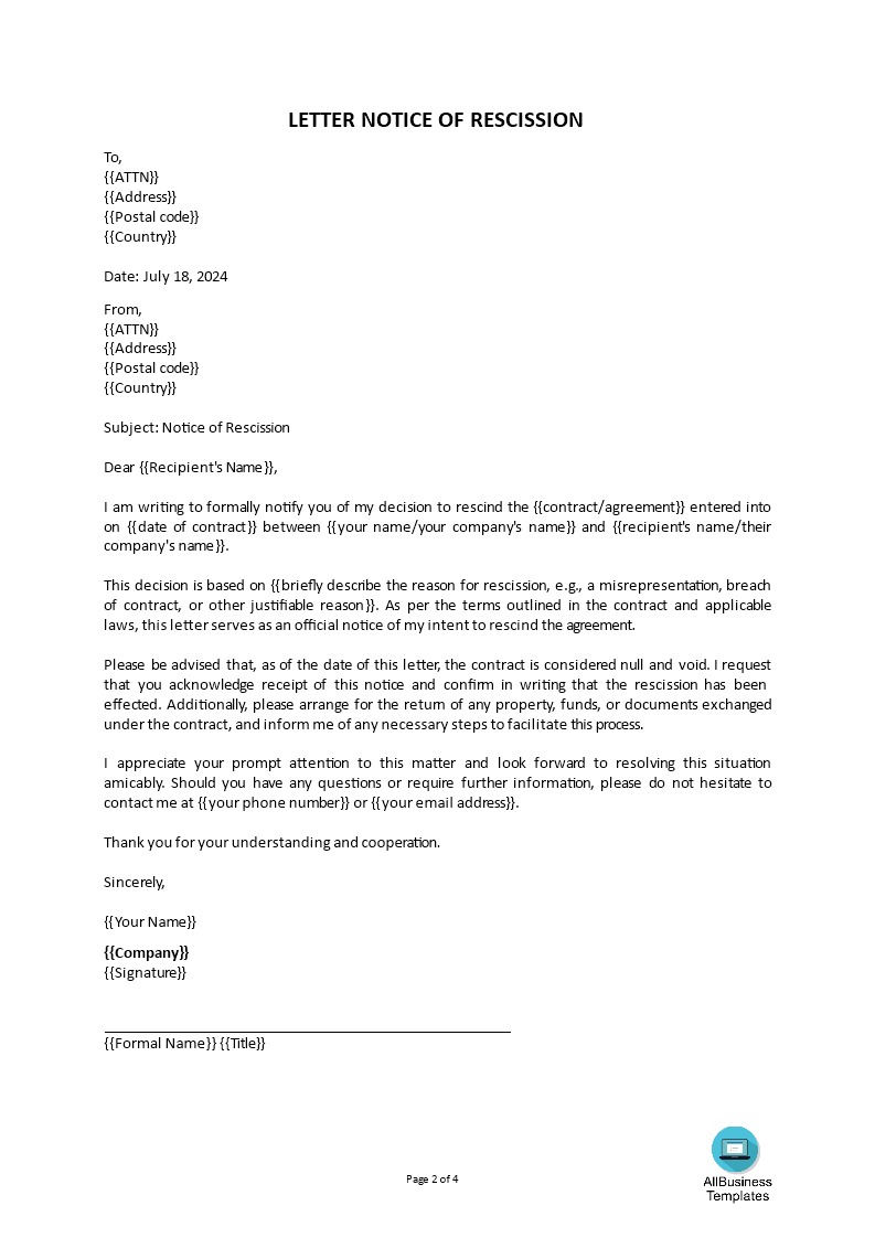 letter notice of rescission Hauptschablonenbild