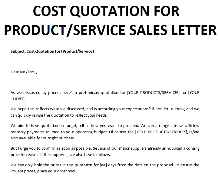 email cover letter for quotation