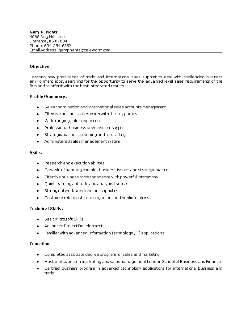 Sales Coordinator Job Resume main image