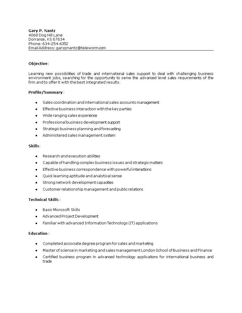 Kostenloses Sales Coordinator Job Resume