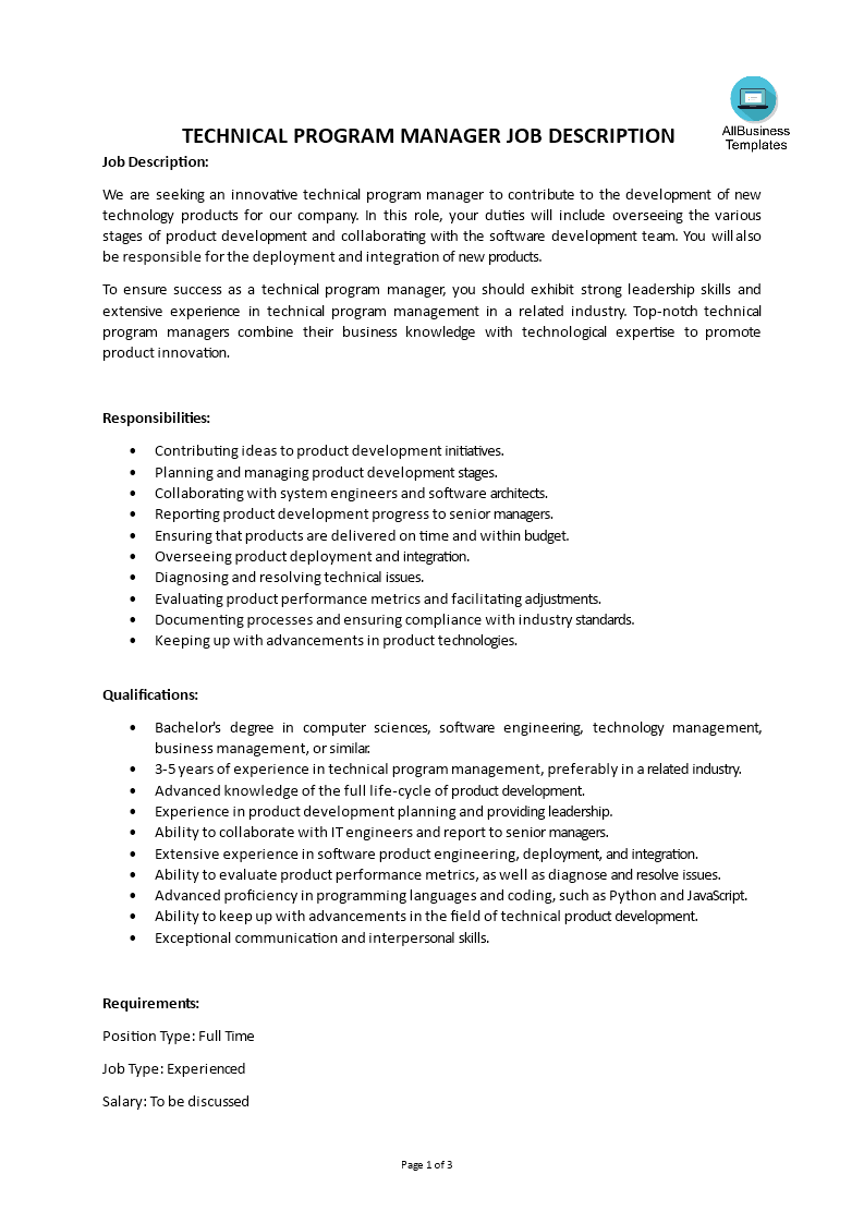  Technical Program Manager Job Description 