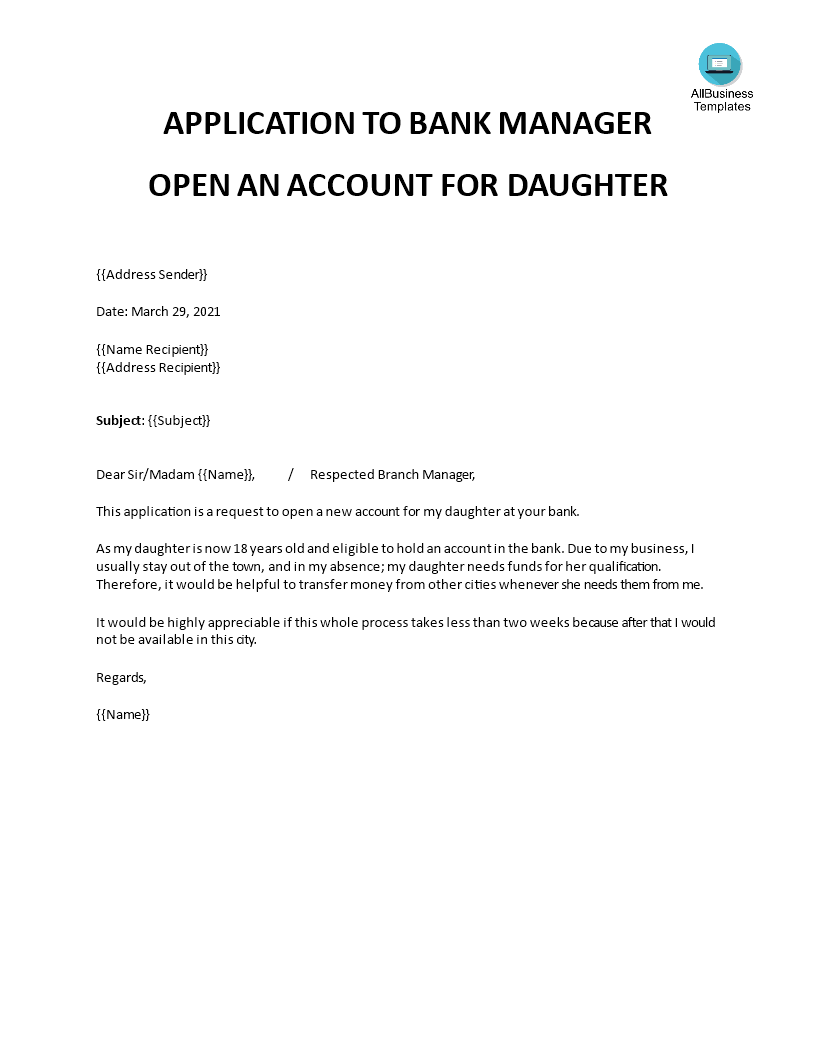 application letter for business bank account