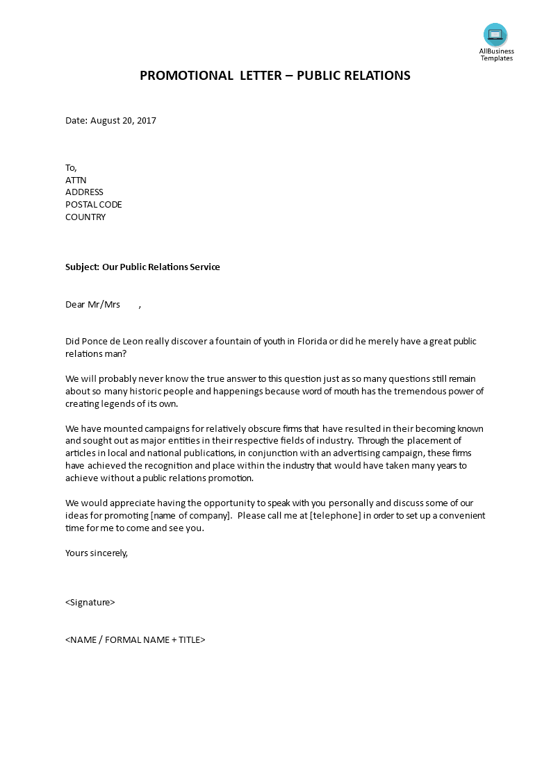 promotional letter - public relations template