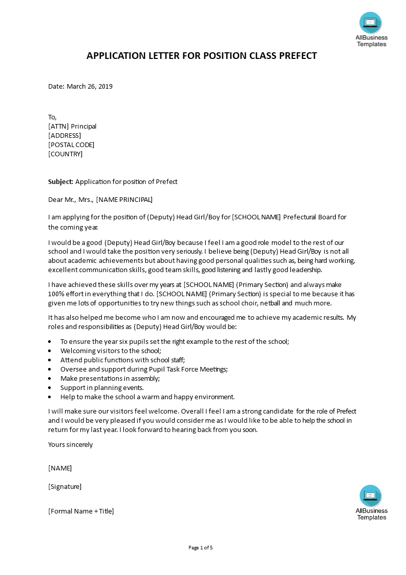 application letter as a health prefect