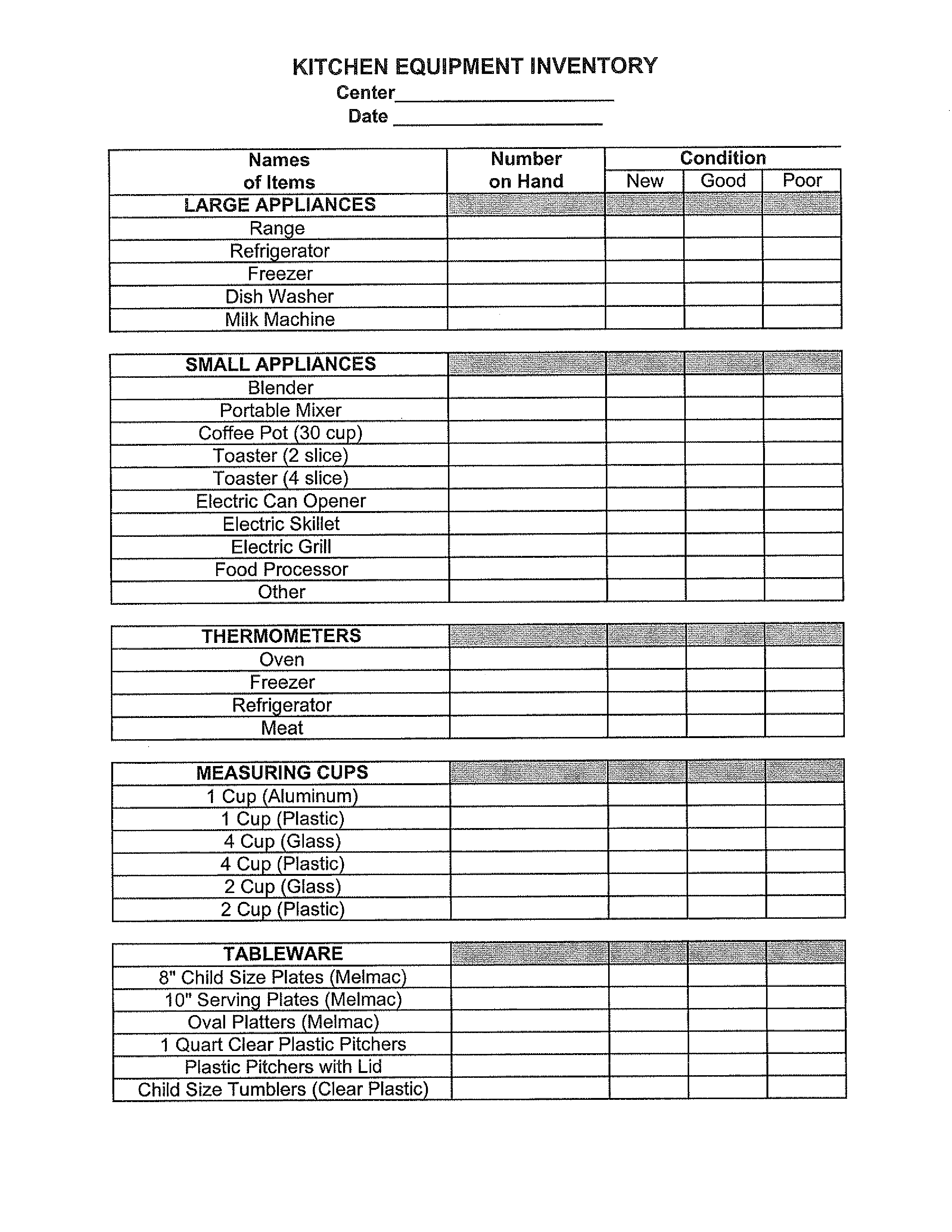 inventory list for restaurant