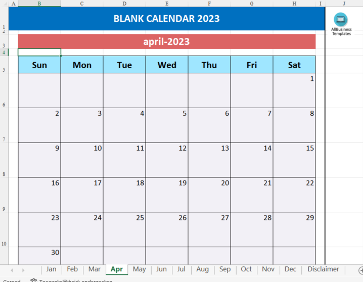 blank monthly calendar voorbeeld afbeelding 