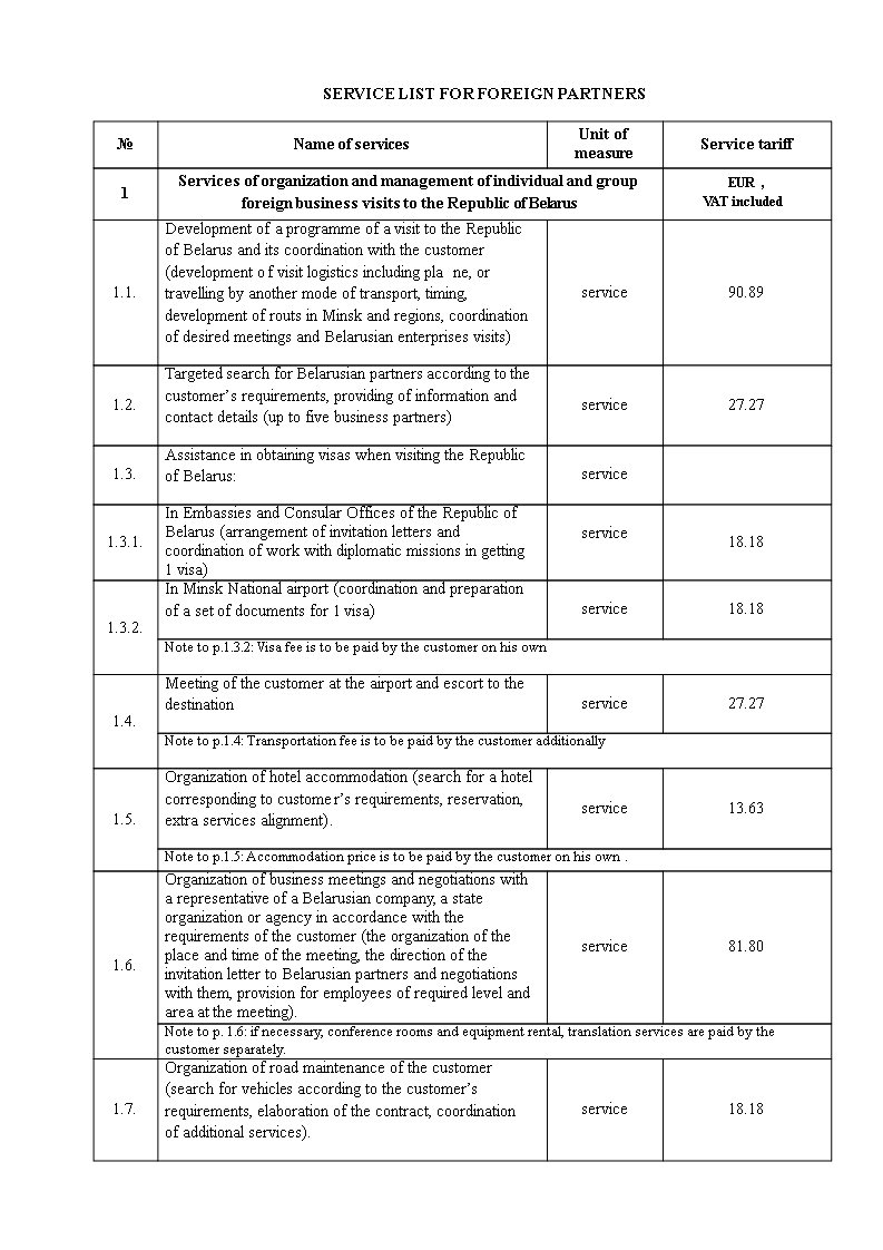 Service List For Foreign Partners Templates At Allbusinesstemplates