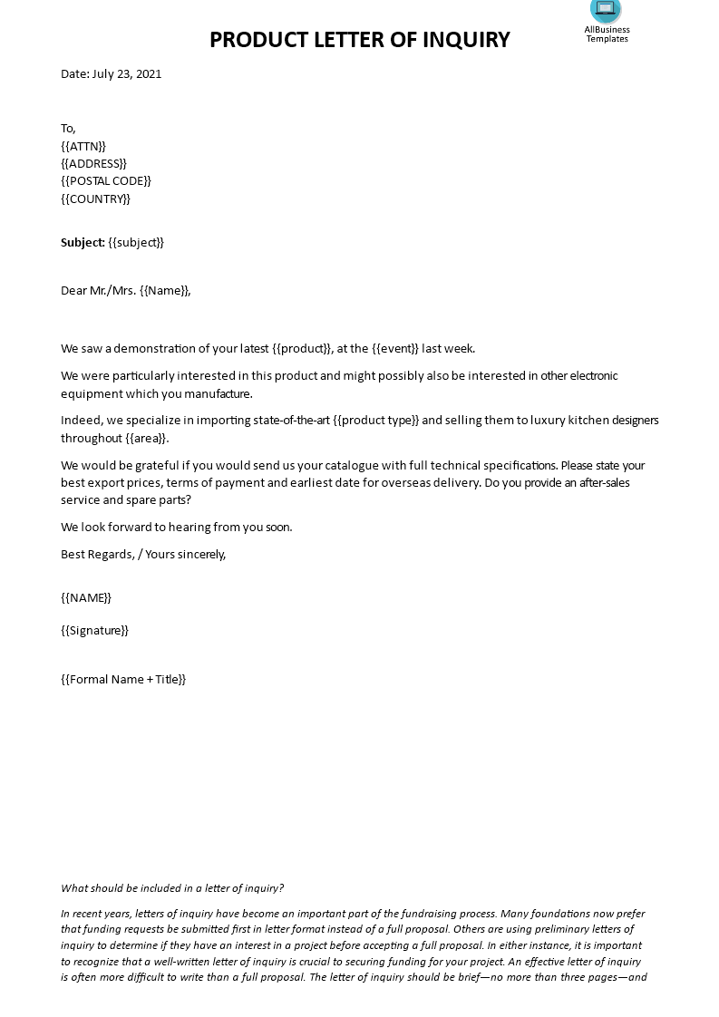Product Inquiry Business Letter Templates at