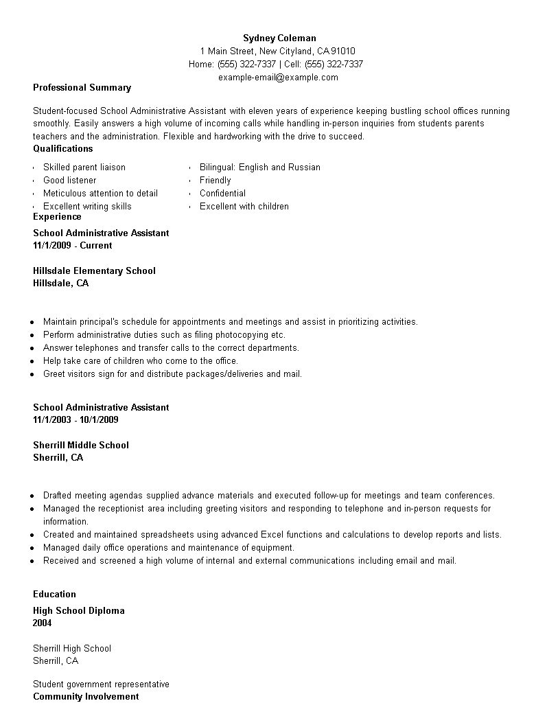 School Administration Officer Resume main image