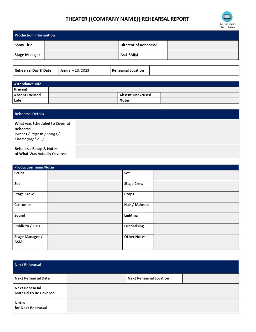 Theater Rehearsal Report Templates at