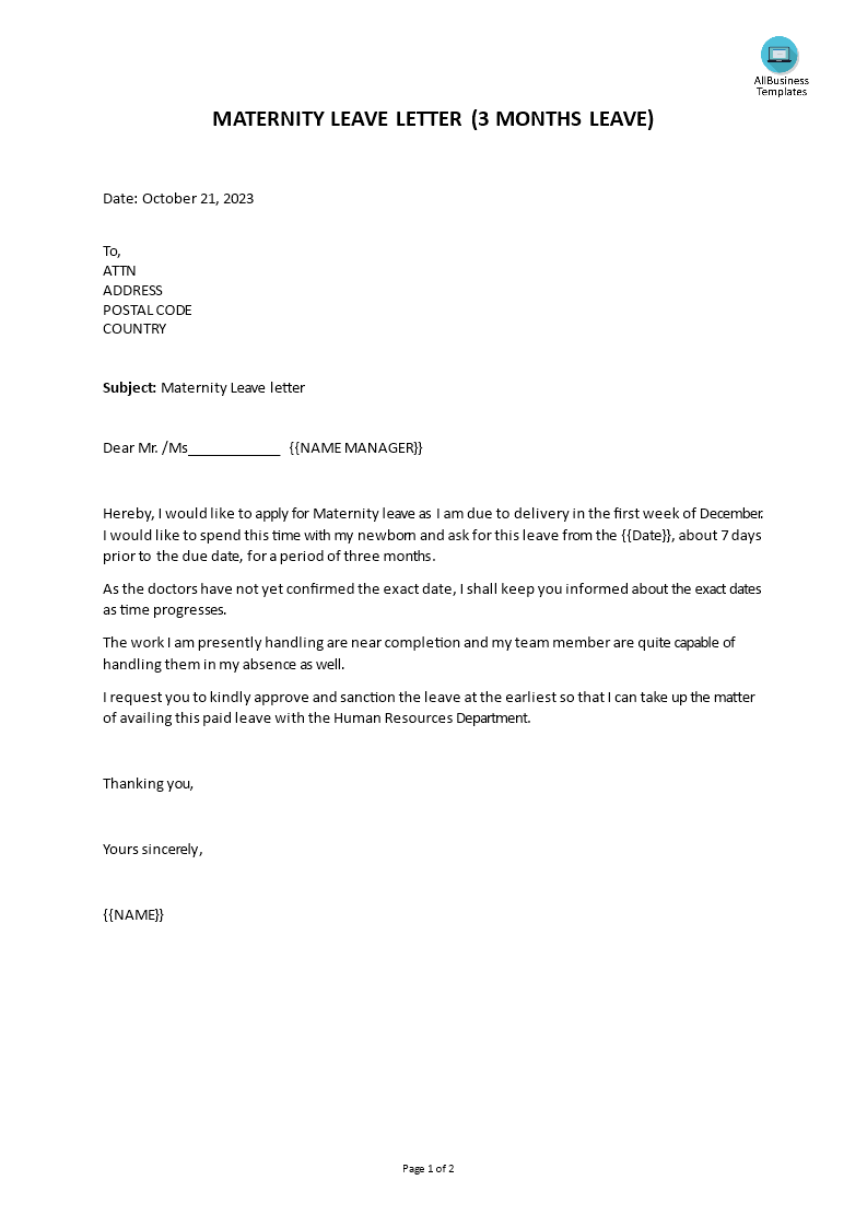 Maternity Leave Letter Templates at