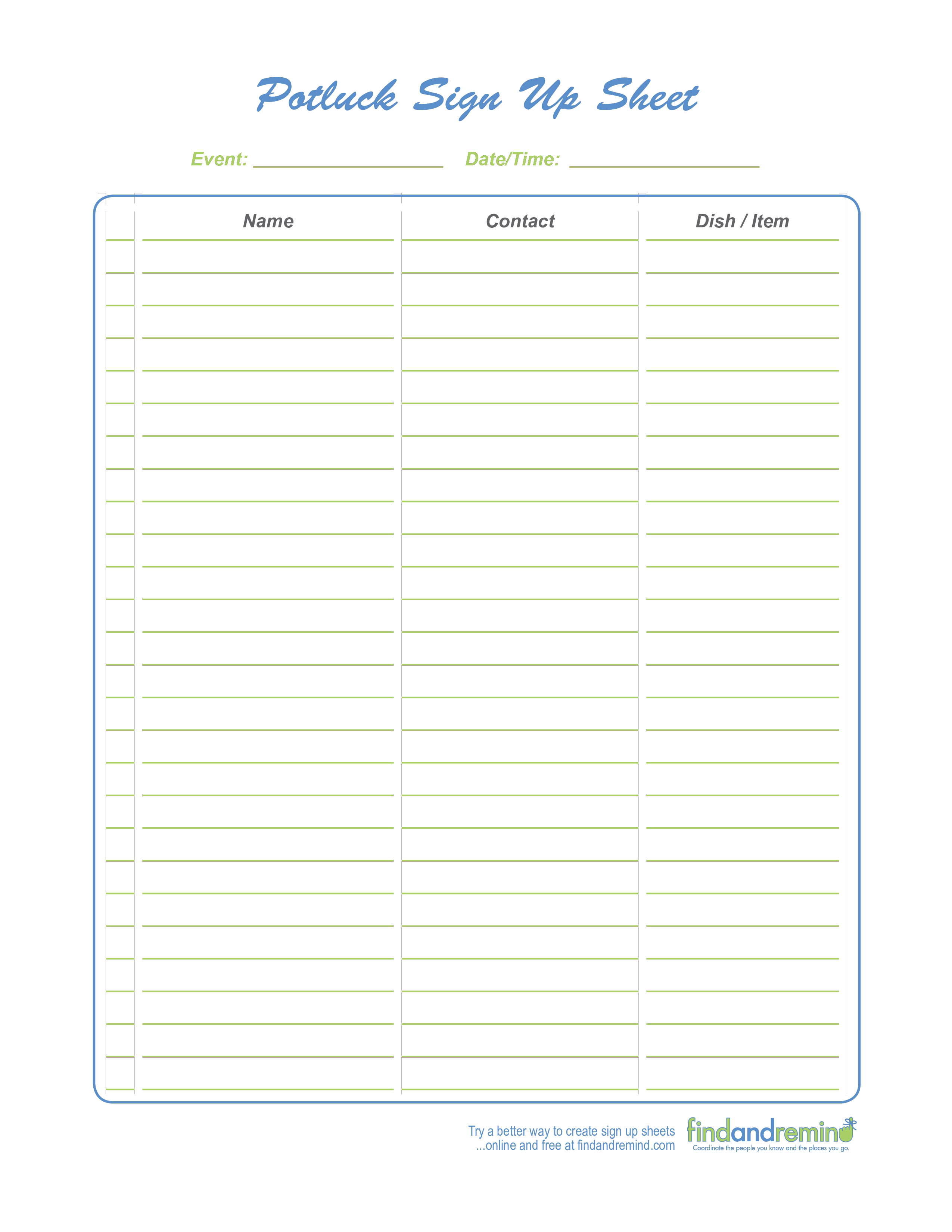 Free Printable Potluck Sign Up Sheet Template