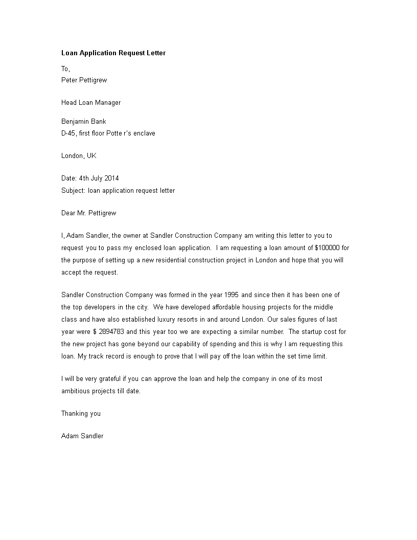 application letter requesting for a loan