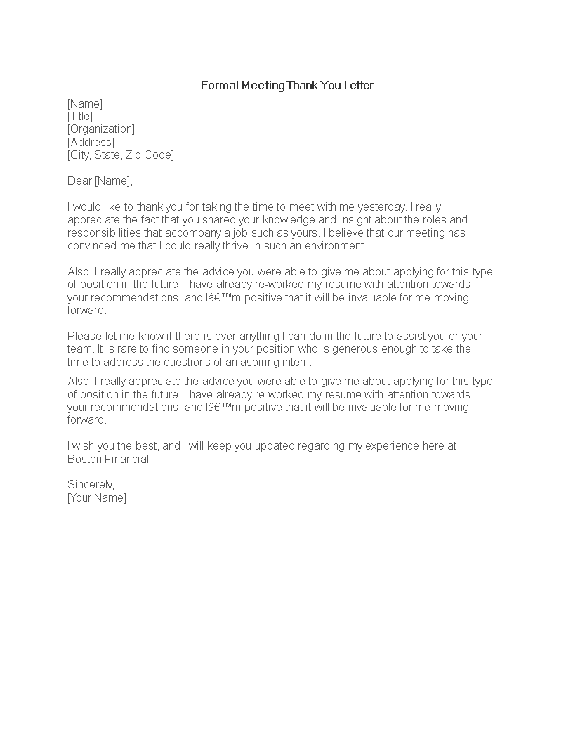 Formal Meeting Thank You Letter Template Templates At 