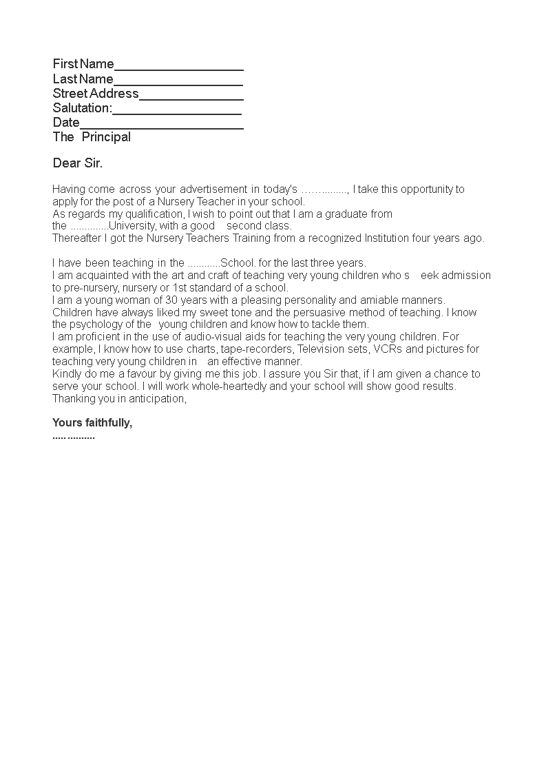 application letter for nursery teacher job for fresher