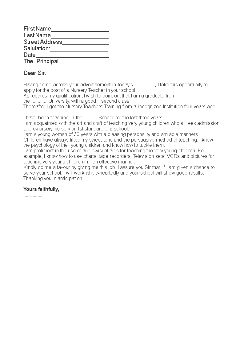 Kostenloses Job Application Letter For Nursery Teacher