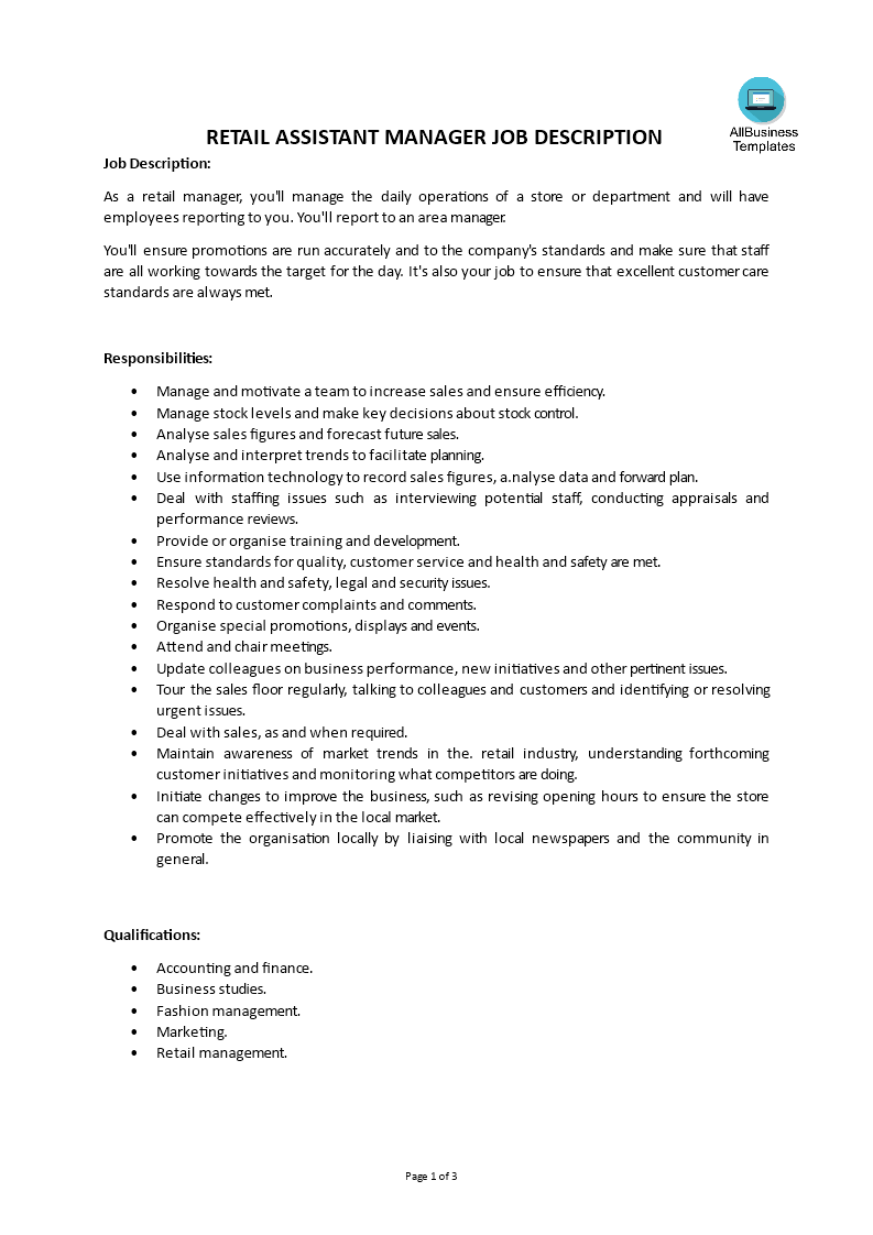 Retail Assistant Manager Job Description Templates At 