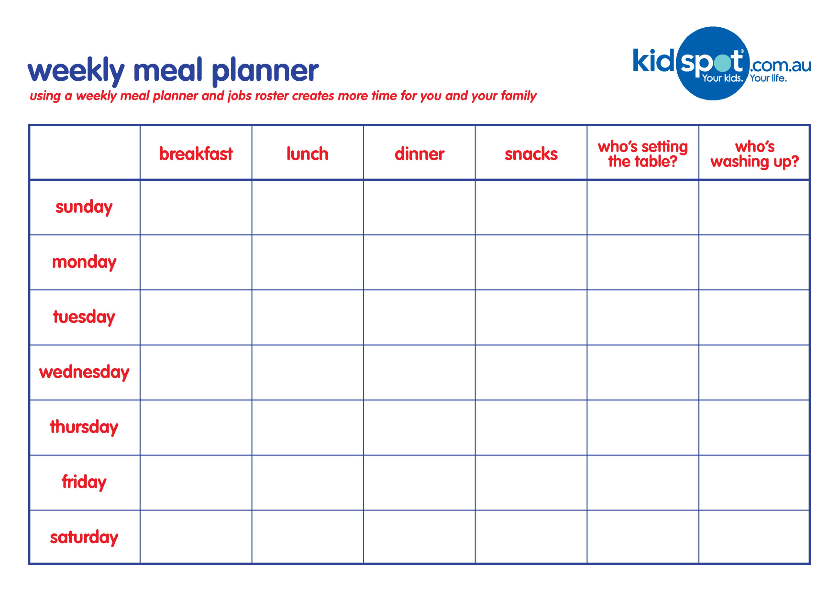 weekly meal calendar template