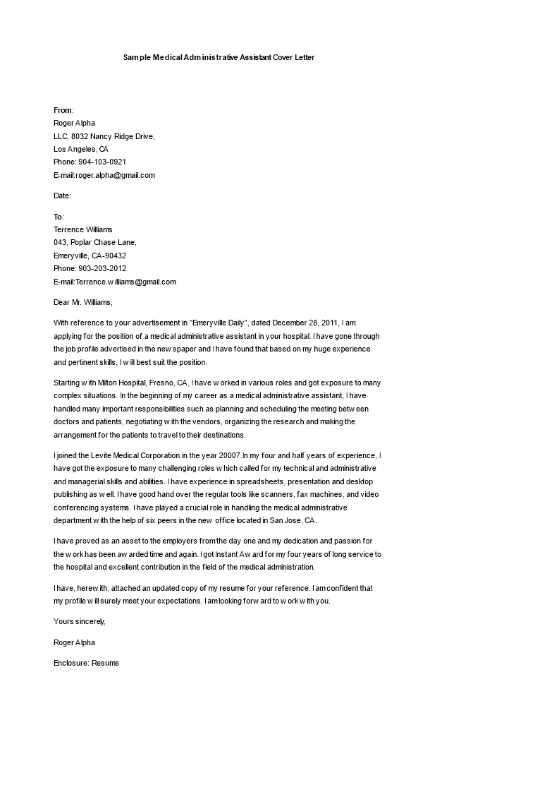 cover letter for medical administrative assistant plantilla imagen principal