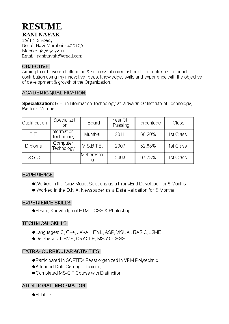 1 Year Experience Resume Format Templates At