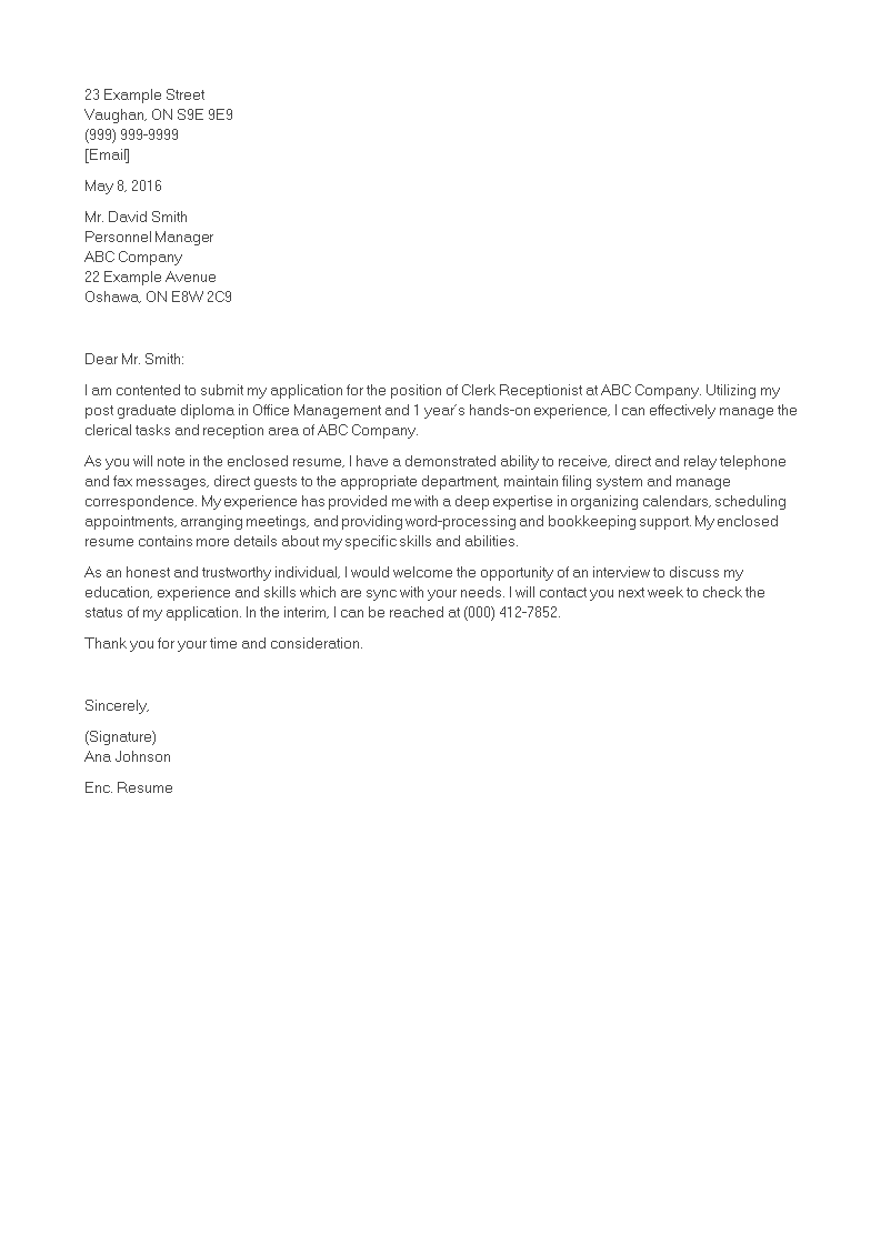 receptionist cover letter for internship