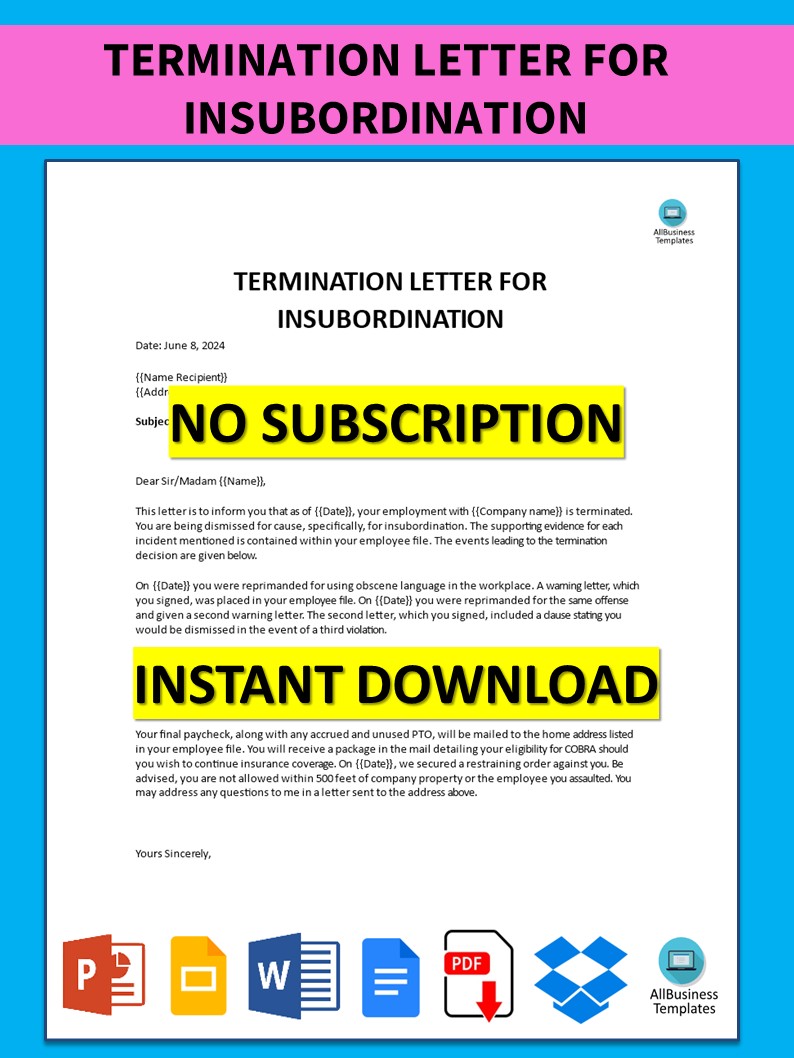 termination letter for insubordination voorbeeld afbeelding 