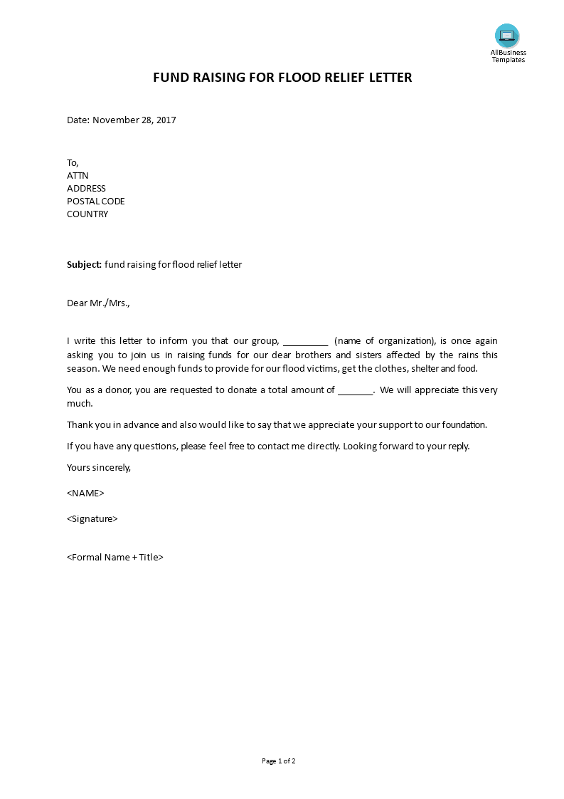 fundraising for flood relief letter template