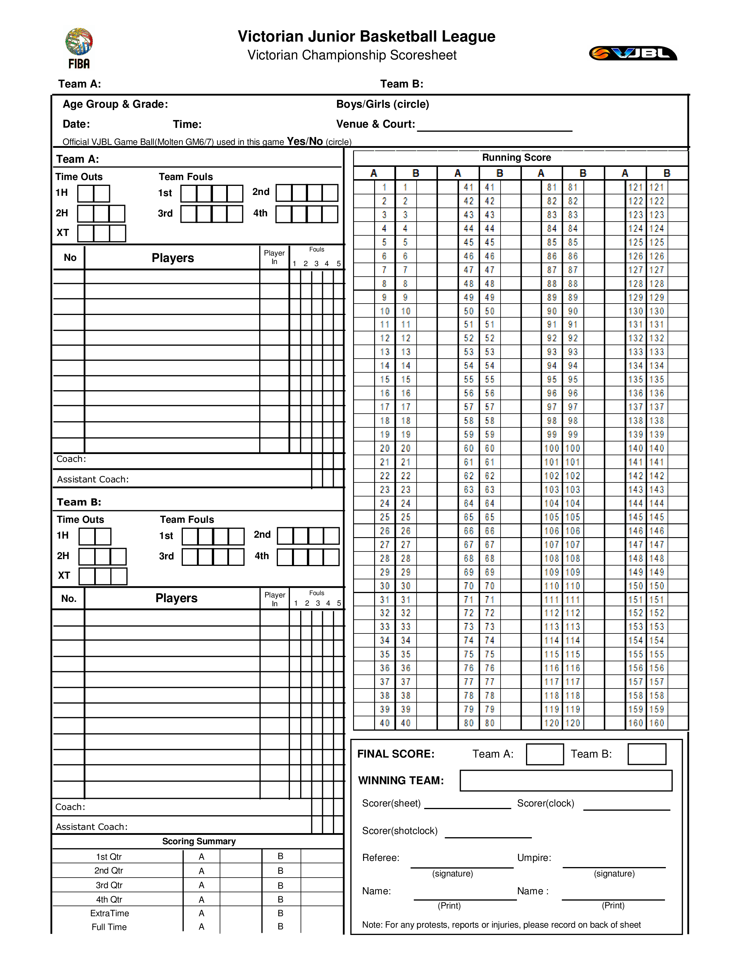 Basketball Score Sheet Printable