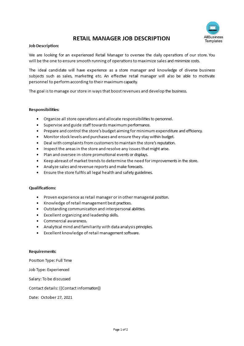 Retail Manager Job Description Templates At Allbusinesstemplates