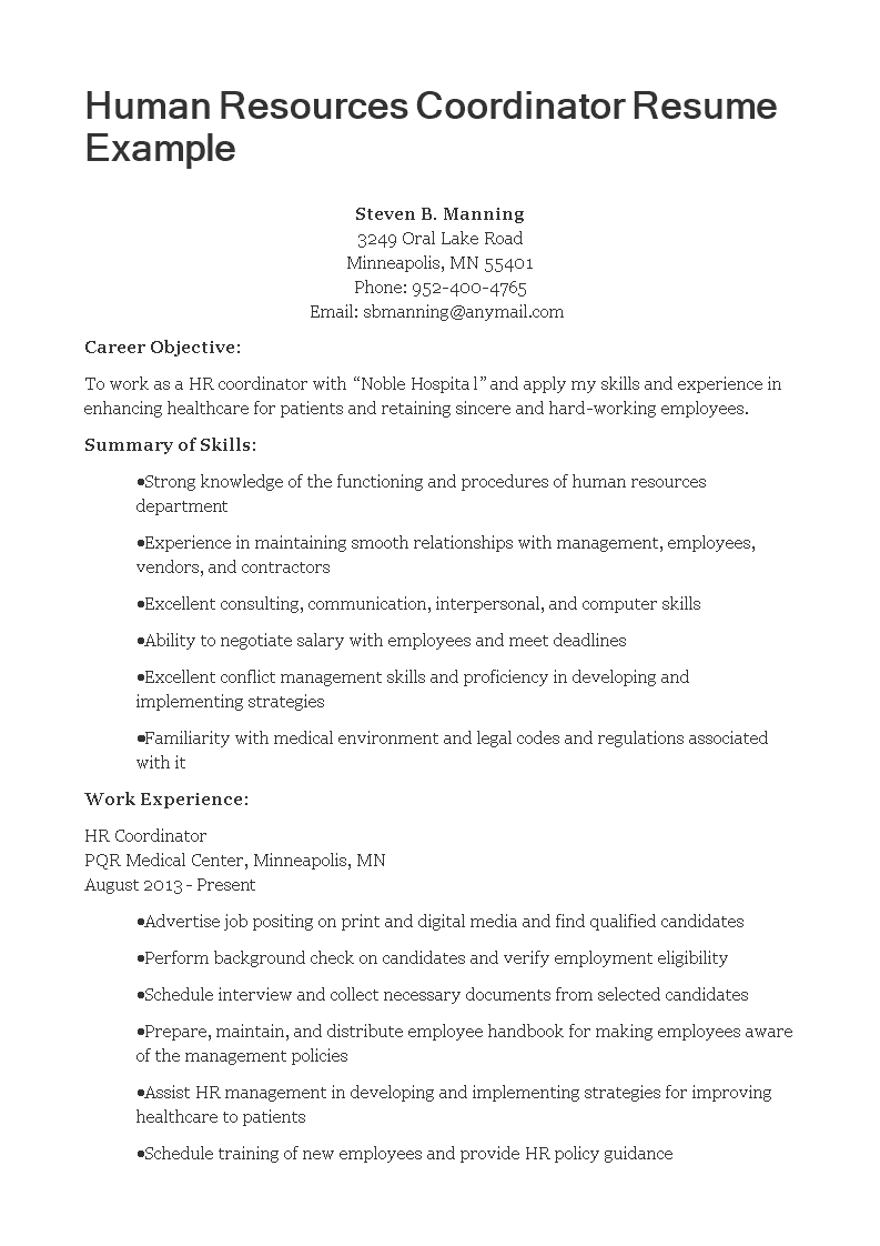 HR Coordinator Resume Templates At Allbusinesstemplates