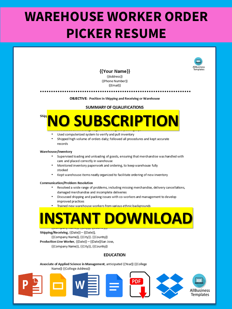 warehouse worker order picker resume template