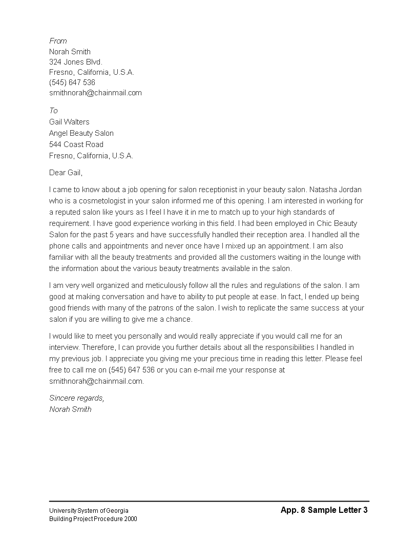 application letter to front desk